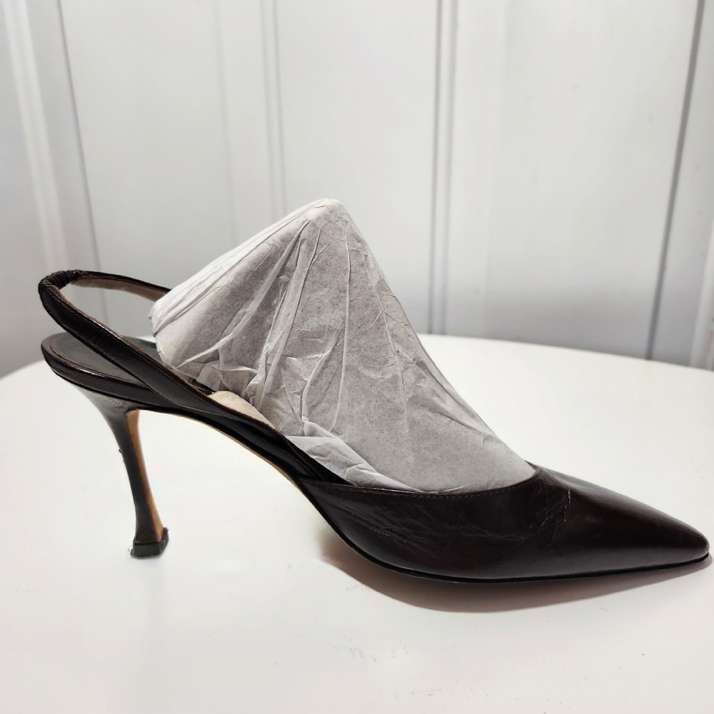 Manolo Blahnik LEFT SHOE Brown Leather Pointed Toe Sling Back Heel Size 5.5